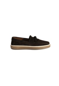 Braune Wildlederbootsschuhe mit runder Zehenpartie, Leder-Schnürdetail und einer leichten Gummisohle. Verfügt über ein gestepptes Design und eine glatte Textur.