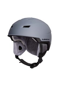 Grijze Quiksilver sneeuwsporthelm met gevoerde oorkappen, ventilatiegaten en verstelbare kinband op een witte achtergrond.