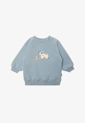 Hellblaues Sweatshirt mit Raglanärmeln, aus weichem Stoff gefertigt. Mit einem Grafikdesign von einer Kuh und einem Schwein, mit den Texten "Muuuh" und "oinK".