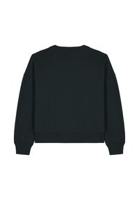 Zwart langekorte mouwen crewneck sweatshirt met geribbelde manchetten en zoom, afgebeeld vanaf de achterkant op een witte achtergrond.