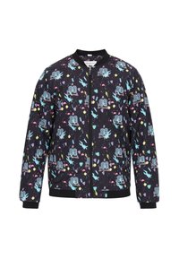 Giacca bomber nera con motivi astratti colorati e design giocosi, chiusura con zip, colletto e polsini a coste, e vita elastica.