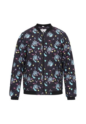 Schwarze Bomberjacke mit bunten, abstrakten Mustern spielerischer Designs, Reißverschluss, gerippter Kragen und Bündchen sowie elastischem Taillenbund.