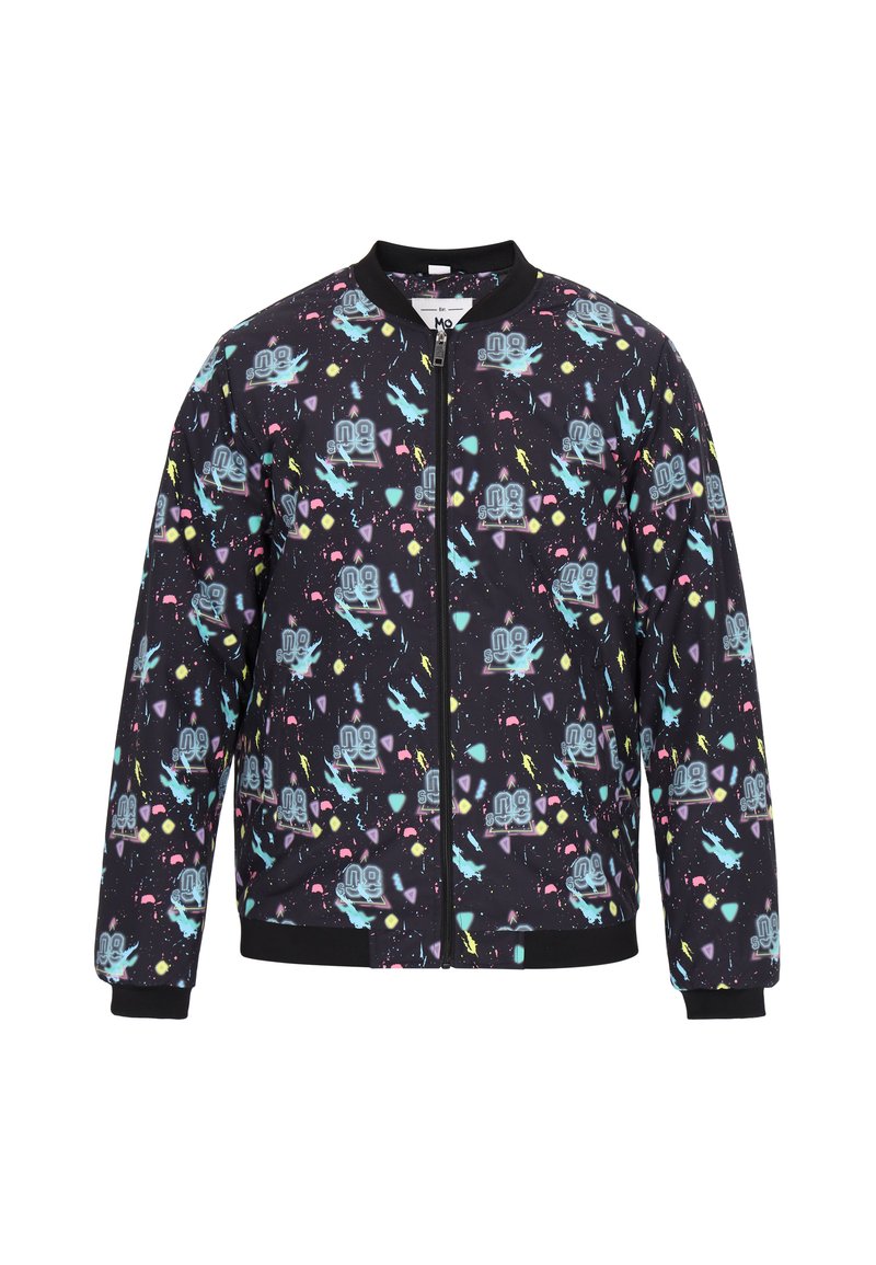 Giacca bomber nera con motivi astratti colorati e design giocosi, chiusura con zip, colletto e polsini a coste, e vita elastica.