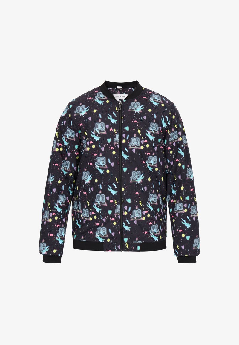 Mustalene bomber-jakk, millel on erksad, abstraktsed mustrid mänguliste kujundustega, tõmblukuga sulgemine, ribakrae ja -randmed ning elastne vöökoht.