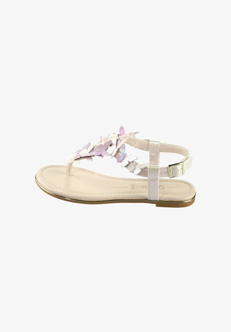 Flat sandals with a beige sole, featuring a floral design in light purple, translucent straps, and a buckle closure on the ankle.