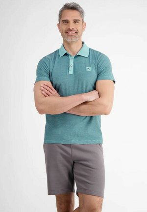 Turquoise striped polo shirt with a light blue collar, paired with gray shorts; model stands with arms crossed against a neutral background.