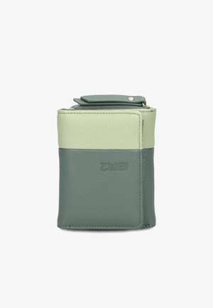 Green leather purse with a textured finish. Features a light green top section and a darker green base with a visible brand logo on the front.