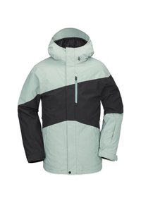 Chaqueta verde claro y negra con capucha. Presenta un diseño de bloques de color, tejido texturizado y bolsillos con cremallera. Ajuste ceñido, puños ajustables.