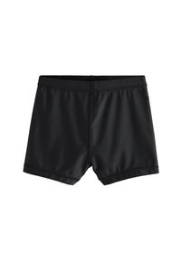 Shorts de bain noirs en tissu lisse, avec un design ajusté, une taille élastique et des coutures plates pour le confort et la durabilité.