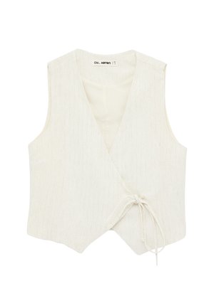 Chaleco cruzado sin mangas color blanco hueso con sutiles rayas verticales y cierre lateral con lazo, hecho de tela ligera.