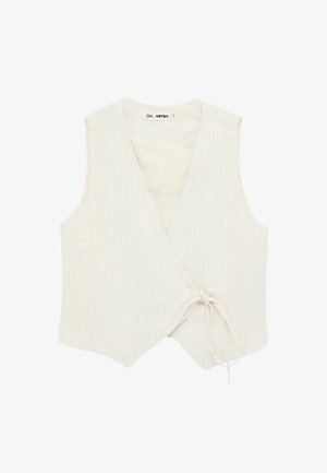 Off-white ärmellose Wickelweste mit dezenten vertikalen Streifen und seitlicher Bindung, gefertigt aus leichtem Stoff.