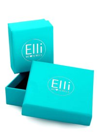 Tyrkis gaveæske med en blank finish, der har et hvidt rundt logo, som viser teksten "Elli WE ♥ JEWELS." Låget er åbent, hvilket afslører indersiden.
