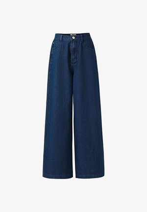 Wide-leg denimbroek in donkerblauw met verticale strepen, hoog in de taille, twee voorkantzakken en een sluiting met knopen.