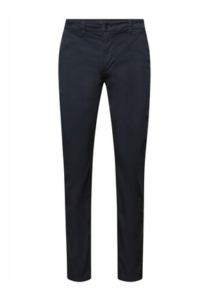 Pantaloni in cotone blu navy a taglio aderente, con chiusura a bottone, passanti per cintura e una texture liscia. Nessun motivo o accento visibile.