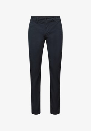 Navy blue cotton trousers with a slim fit, featuring a button closure, belt loops, and a smooth texture. No patterns or accents visible.
