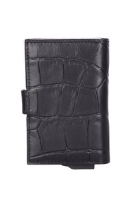 Portofel din piele neagră cu un model texturat de crocodil, având o închidere sigură și margini cusute cu atenție. Design compact, formă rectangulară.