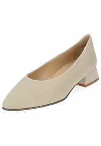 Scarpe basse in suede beige con punta a punta, caratterizzate da un design minimalista e una texture liscia. Il tacco è leggermente squadrato per maggiore stabilità.