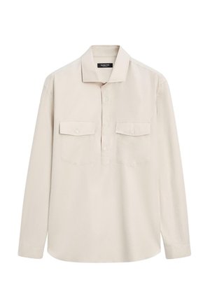 Jasnobeżowa koszula z długim rękawem, z kołnierzykiem, dwoma przednimi kieszeniami i rozpięciem na guziki; wykonana z gładkiej tkaniny.
