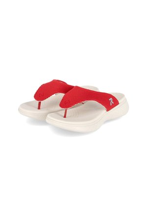 Red mesh thong sandals with a textured white sole and prominent red straps. Lightweight design with minimal detailing and supportive structure.