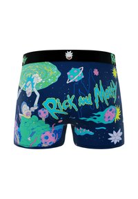 Ceinture noire avec le logo "Rick et Morty" ; tissu bleu présentant des personnages de dessins animés colorés, des planètes et des éléments spatiaux.