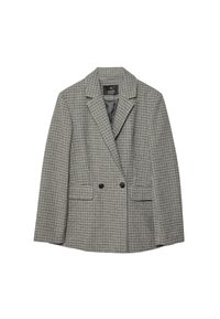 Blazer à motif pied-de-poule en noir et blanc, en tissu léger, design croisé, revers crantés et deux poches avant.