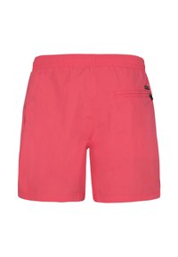 Helle pinkfarbene Badeshorts mit elastischem Bund und kleinem Reißverschlussfach auf der rechten Rückseite.