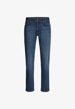 Donkerblauwe jeans met een rechte pijp, gemaakt van denim stof. Kenmerken zijn een sluiting met een knoop aan de voorkant en een klassieke vijf-pocket ontwerp.