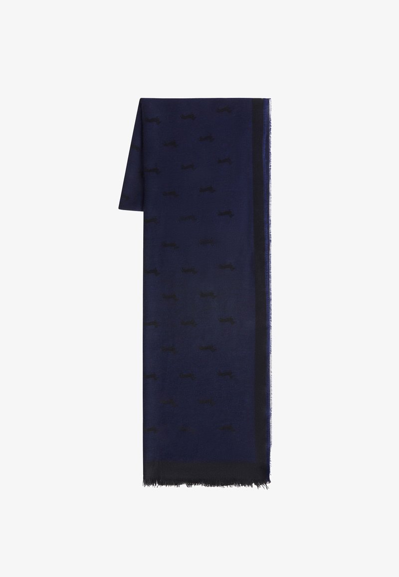 Marineblå rektangulær tørklæde med subtilt sort mønster og to sorte striber langs kanterne, frynset i enderne.