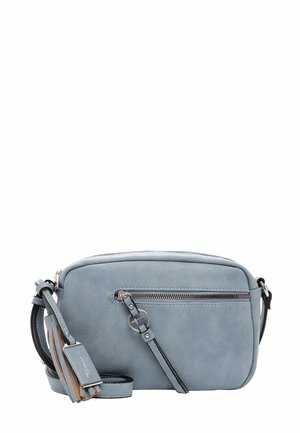 Light blue leather crossbody bag with front zip pocket, adjustable strap, and decorative tassel keychain on white background.