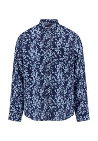 Camicia navy con bottoni, caratterizzata da un motivo floreale in azzurro chiaro. Maniche lunghe e colletto classico, realizzata in tessuto leggero.