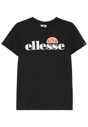 Svart bomull T-skjorte med hvit "ellesse" logo og en sirkulær oransje og hvit grafikk over teksten. Korte ermer og rund halsdesign.