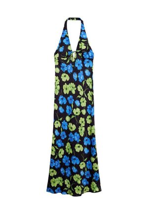 Halter-neck dress made of lightweight fabric, featuring a black background with blue and green floral patterns, mid-length with a relaxed fit.