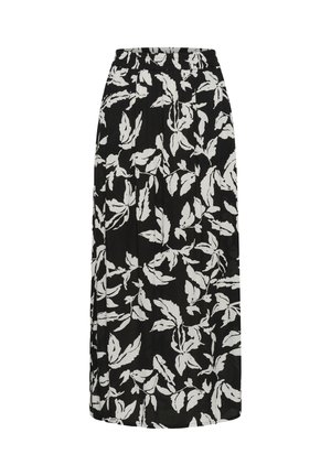 Sort midi-nederdel med hvidt bladmønster og elastisk taljebånd, lige pasform.