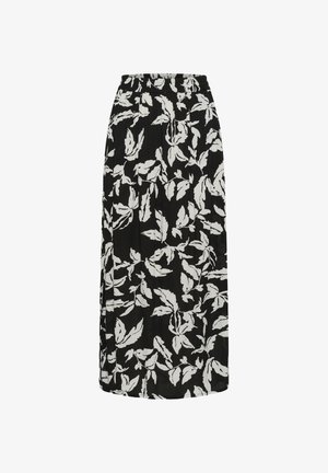 Schwarzer Midirock mit weißem Blattmuster und elastischem Bund, gerade Passform.