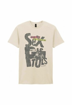 Beiges T-Shirt mit vintage-schwarzem Text "Sex Pistols", buntem Text "Never Mind The Bollocks" und einem verblassten Bandfoto.