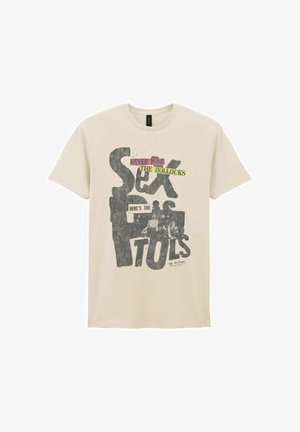Beżowa koszulka z czarnym tekstem w stylu vintage z napisem "Sex Pistols", kolorowym tekstem "Never Mind The Bollocks" oraz wyblakłym zdjęciem zespołu.