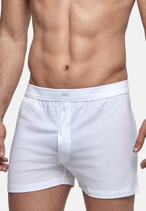 Male torso wearing plain white cotton boxer shorts with a button fly and elastic waistband on a light background.