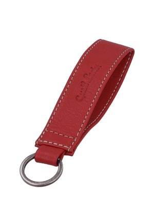 Rote Leder-Schlüsselanhängerschlaufe mit weißen Nähten und einem Metall-Schlüsselring, der an einem Ende befestigt ist.