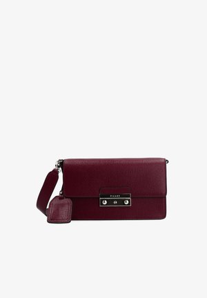 Burgundy leather handbag with textured finish, silver hardware, rectangular shape, flap closure, and detachable shoulder strap. Brand tag attached.