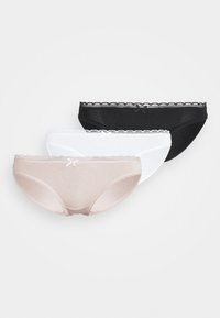 Three pairs of women’s hipster underwear in beige, white, and black. Each has a lace trim and a small bow detail on the waistband.