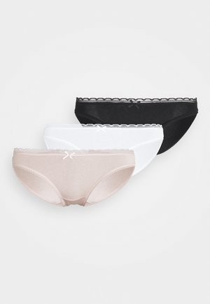 Three pairs of women’s hipster underwear in beige, white, and black. Each has a lace trim and a small bow detail on the waistband.