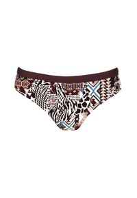Bikini dolny z wieloma wzorami, zawierający nadruki zwierzęce i kształty geometryczne w brązowym, czarnym, niebieskim i kremowym kolorze. Solidny, ciemny pas w talii.