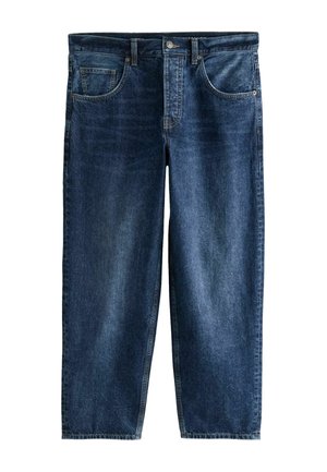 Dunkelblaue Jeans aus Denim mit geraden Beinen, Vorderknopf und Reißverschluss sowie klassischem Fünf-Taschen-Design.