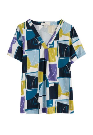 T-shirt à manches courtes en mélange de coton avec un col en V, présentant un motif géométrique en bleu marine, bleu, vert et violet sur fond blanc.