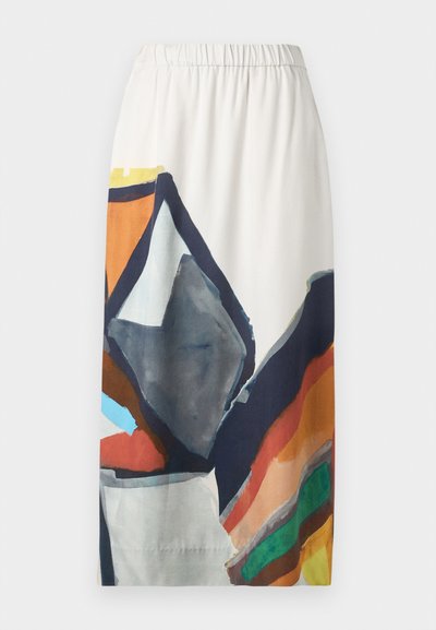 Övvel ellátott, térdhez érő szoknya könnyű anyagból, színes absztrakt mintával, narancssárga, kék, szürke és zöld geometriai formákkal.
