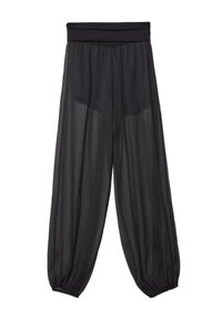 Schwarze, leichte Hose mit einem gerafften Bund, einem fließenden Design und elastischen Bündchen an den Knöcheln; halbtransparentes Gewebe mit dezent strukturierter Oberfläche.