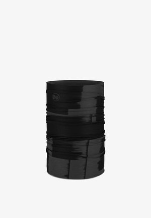 Black and dark gray seamless multifunctional tubular neck gaiter with subtle abstract brushstroke pattern and small Buff logo.