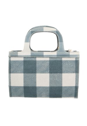 Borsa rettangolare con manici corti, motivo a quadri blu e bianco, texture in tessuto e forma strutturata.