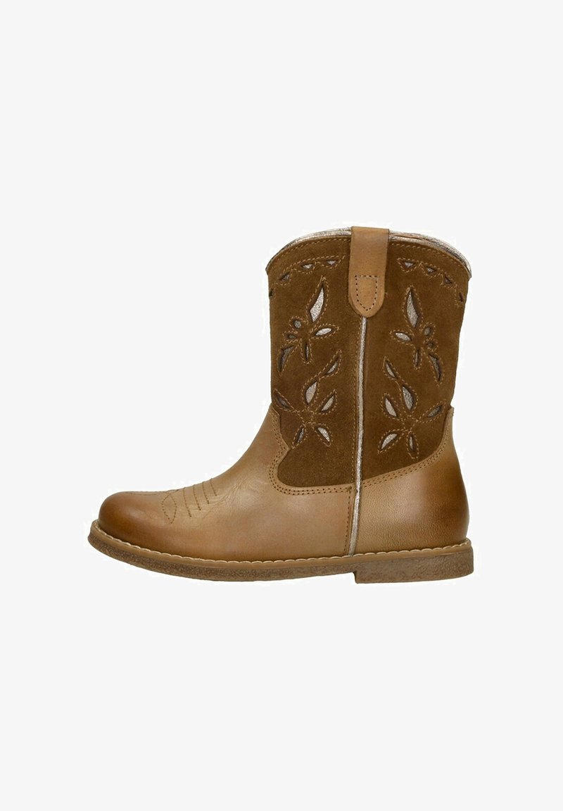 Brown ankle boot with smooth leather and suede, decorative cutouts featuring floral patterns, stitched detailing, and a textured sole.