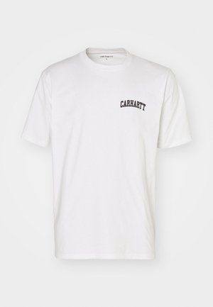 White cotton t-shirt with short sleeves and a crew neckline. Features a black "Carhartt" logo printed on the upper left chest area.